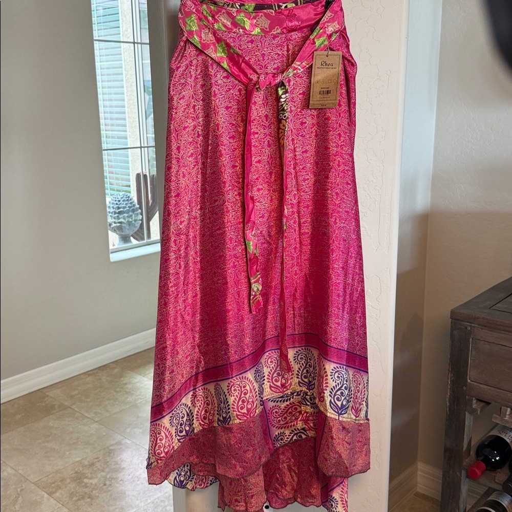 RHEA PRINTED WRAP SKIRT IN MULTI PINK AND GREEN INDIAN PRINT Reversible - Picture 8 of 10
